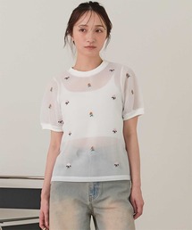 シアーダンボールフラワー刺繍トップス