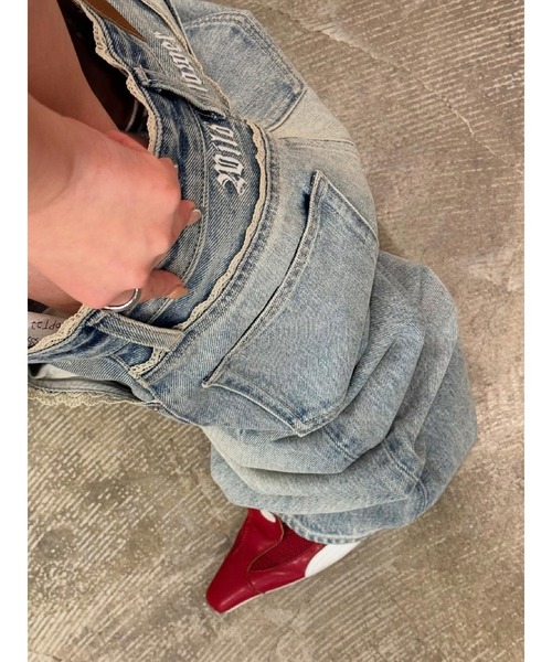 レースグラフィックワイドデニムパンツ セール】【再生産！】レースグラフィックワイドデニムパンツ