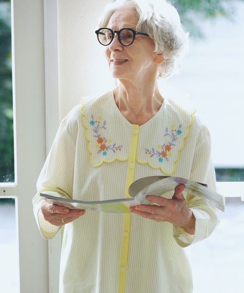 KID BLUE（キッドブルー）の「キッドブルー -２５ストライプエンブ -9分袖パジャマ -KNBK538 -kidblue（ルームウェア/パジャマ・レディース・イエロー/レッド/ブルー・M/L）」の3枚目の写真