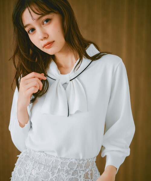 セール】ロールカラーボウタイニット【洗濯機洗い可】（ニット