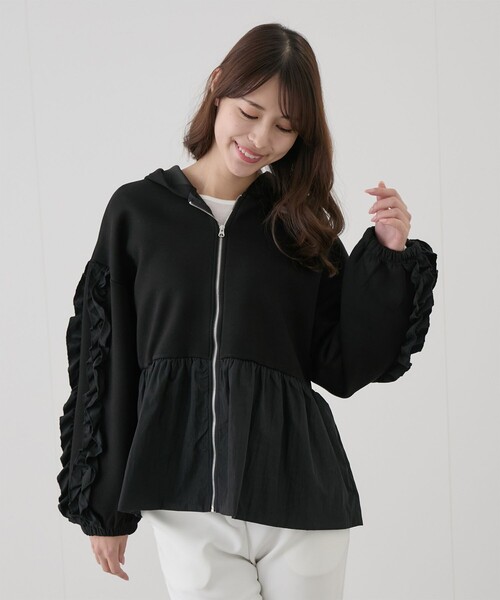 フード付きジャンパー　フリル フリルパーカー ペプラムフリル フード付きパーカー[品番