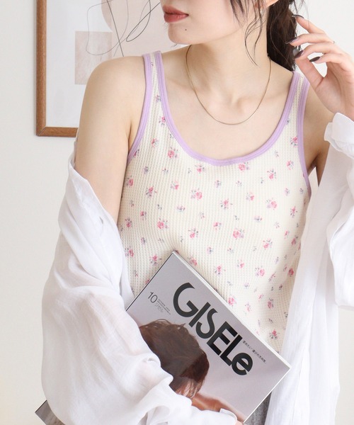 JEMORGAN（ジェーイーモーガン）の「JEMORGAN ワッフル花柄クレリックタンクトップ（タンクトップ・レディース・パープル/ベージュ系その他/ピンク/サックスブルー・F）」の3枚目の写真