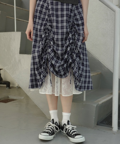 lace layered drawstring skirt／レースレイヤードチェック