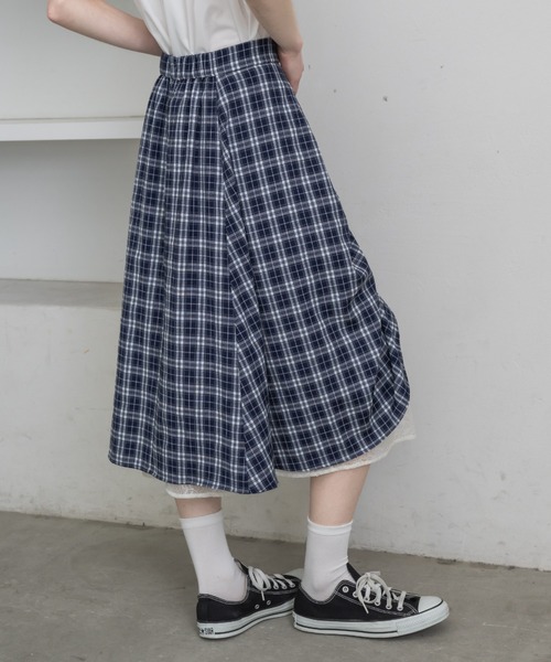 lace layered drawstring skirt／レースレイヤードチェック