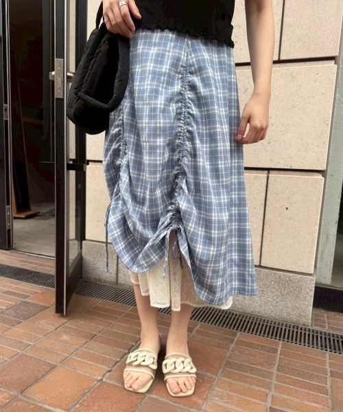 lace layered drawstring skirt／レースレイヤードチェック