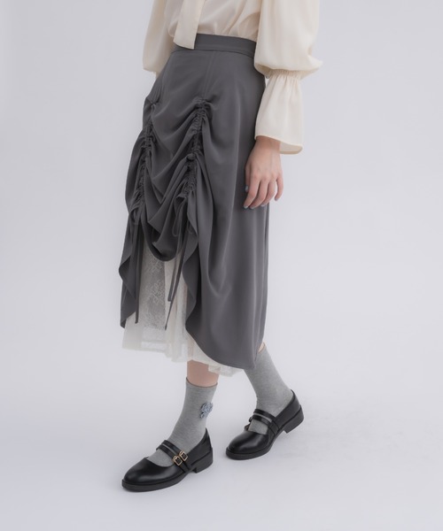 idem サイドドロストチェックスカート/グレー idem（イデム）の「drawstring check pleats skirt / ロー