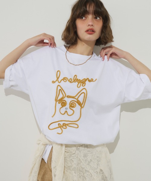 Unitage（ユニテージ）の「コード刺繍ワンニャンTEE（Tシャツ/カットソー・レディース・ネイビー/ホワイト・FREE）」の2枚目の写真