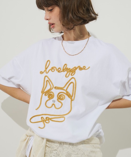 Unitage（ユニテージ）の「コード刺繍ワンニャンTEE（Tシャツ/カットソー・レディース・ネイビー/ホワイト・FREE）」の4枚目の写真