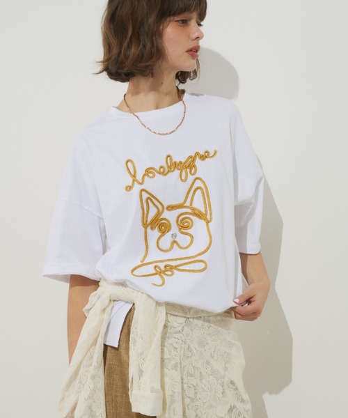 Unitage（ユニテージ）の「コード刺繍ワンニャンTEE（Tシャツ/カットソー・レディース・ネイビー/ホワイト・FREE）」の5枚目の写真