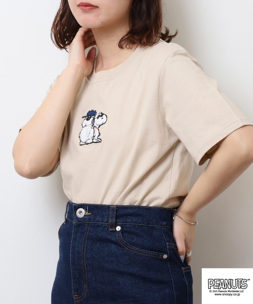 PEANUTS（ピーナッツ）の「PEANUTS JOE COOL柄 ワンポイントサガラ刺繍 天竺半袖Tシャツ（Tシャツ/カットソー・メンズ・ライトパープル/グレイッシュベージュ/ブラック・M/L/LL）」の6枚目の写真