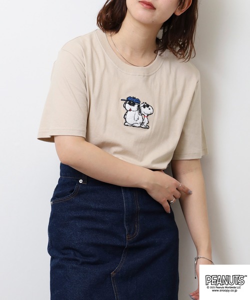 PEANUTS（ピーナッツ）の「PEANUTS JOE COOL柄 ワンポイントサガラ刺繍 天竺半袖Tシャツ（Tシャツ/カットソー・メンズ・ライトパープル/グレイッシュベージュ/ブラック・M/L/LL）」の7枚目の写真