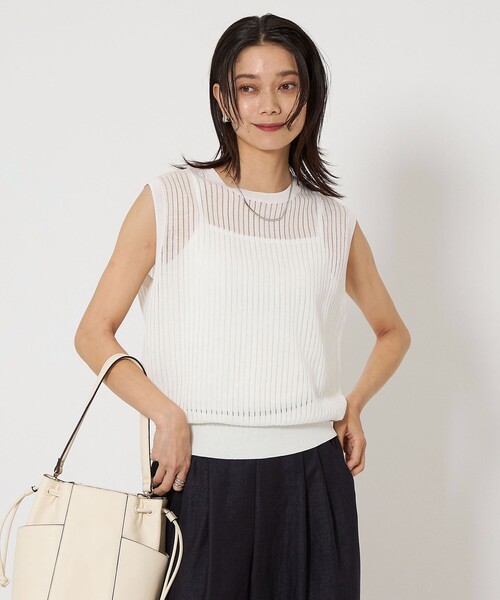 美品　BURBERRY BLUE LABEL 春夏 ニット フレンチスリーブ M フレンチスリーブリブ切替サマーニットトップスxyf9299 ネイビー