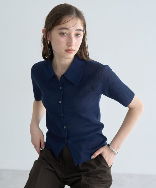 YECCA VECCA（イェッカヴェッカ）の「衿付きシアーニットカーディガン（カーディガン/ボレロ・レディース・ネイビー/アイボリー/オレンジ・FREE）」の3枚目の写真