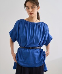 【洗える】クリア天竺ギャザー半袖プルオーバー/お仕事服