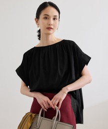 【洗える】クリア天竺ギャザー半袖プルオーバー/お仕事服