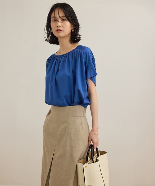 ROPE'(ロペ)の「【洗える】クリア天竺ギャザー半袖プルオーバー/お仕事服(Tシャツ/カットソー・レディース・ホワイト/ブラック/カーキ/ブルー・FREE)」の9枚目の写真