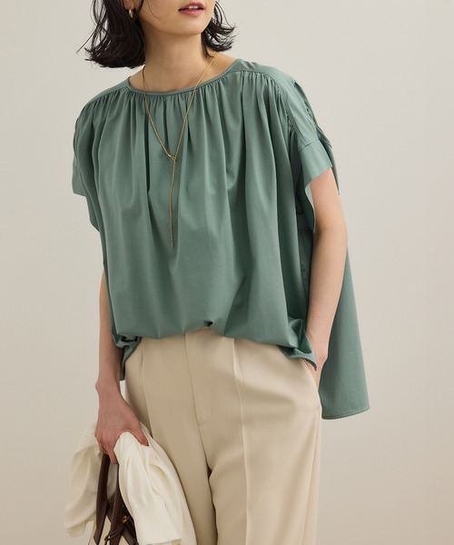 ROPE'(ロペ)の「【洗える】クリア天竺ギャザー半袖プルオーバー/お仕事服(Tシャツ/カットソー・レディース・ホワイト/ブラック/カーキ/ブルー・FREE)」の12枚目の写真