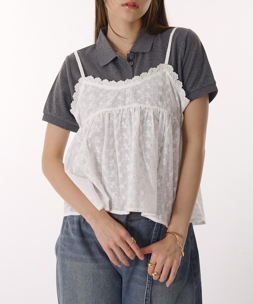 セール】【set item】textured cardigan & lace camisole