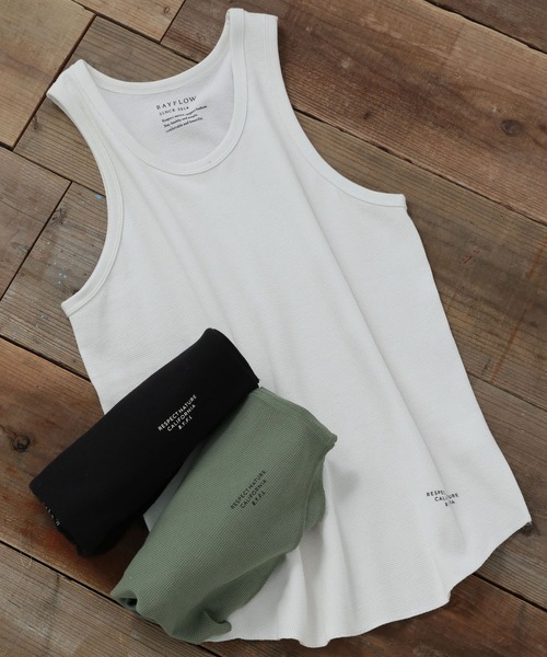 BAYFLOW（ベイフロー）の「[レイヤードに最適] ワッフルラウンドタンクトップ（Tシャツ/カットソー・メンズ・ブラック/ホワイト/カーキ・MEDIUM/LARGE）」の2枚目の写真