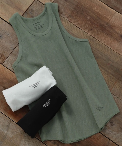 BAYFLOW（ベイフロー）の「[レイヤードに最適] ワッフルラウンドタンクトップ（Tシャツ/カットソー・メンズ・ブラック/ホワイト/カーキ・MEDIUM/LARGE）」の3枚目の写真
