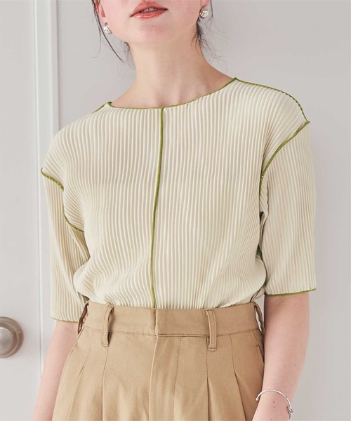 プリーツメロー配色トップス（Tシャツ/カットソー）｜titivate