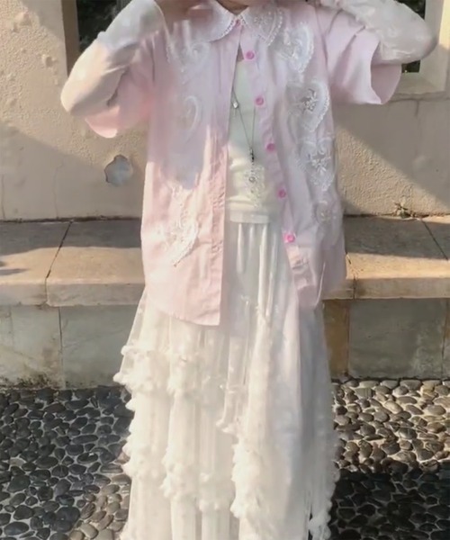 AsheKsha(アシクシャ)の「[新作】ラブハートくり抜きシャツ(Tシャツ/カットソー・レディース・ピンク/ブルー/ホワイト・S/M/L)」の5枚目の写真