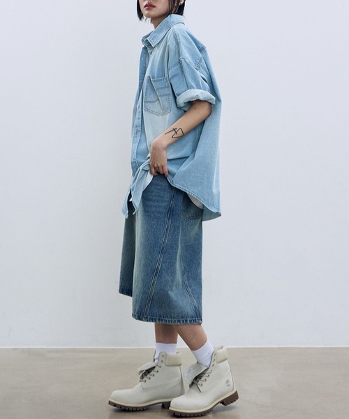 F.ILLUMINATE(フィルミネイト)の「【UNISEX】Filluminate/ステッチデニム半袖シャツ(シャツ/ブラウス・メンズ・スカイブルー/ライトブルー・SMALL/MEDIUM/LARGE)」の5枚目の写真