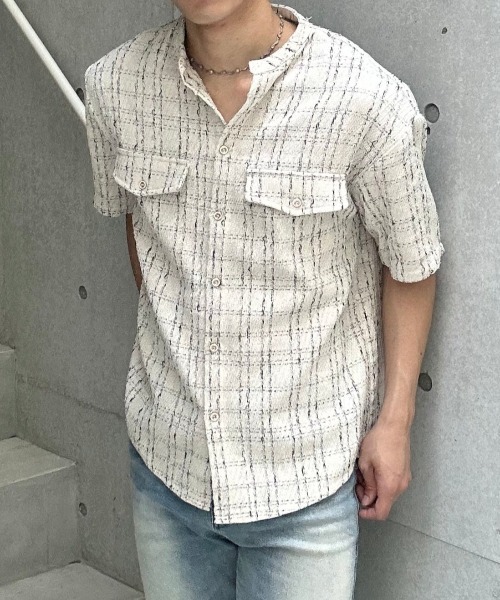 Otte(オッテ)の「ノーカラーチェックシャツ(シャツ/ブラウス・メンズ・ホワイト/ブラック・MEDIUM/LARGE)」の1枚目の写真