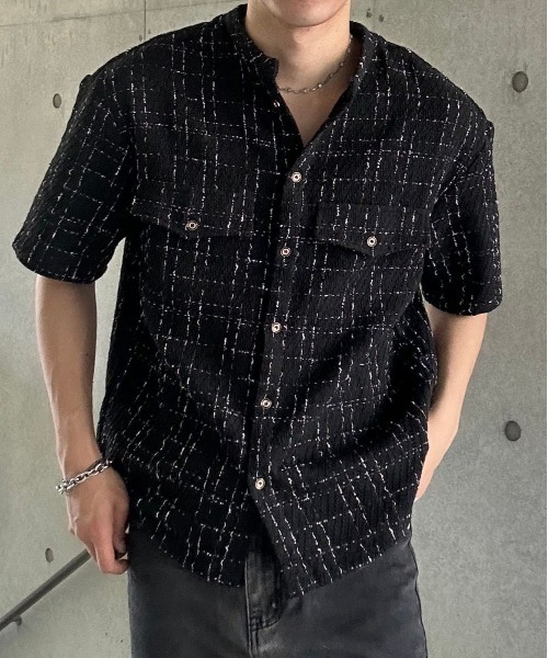 Otte(オッテ)の「ノーカラーチェックシャツ(シャツ/ブラウス・メンズ・ホワイト/ブラック・MEDIUM/LARGE)」の2枚目の写真