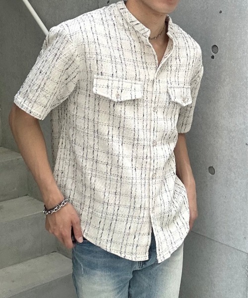 Otte(オッテ)の「ノーカラーチェックシャツ(シャツ/ブラウス・メンズ・ホワイト/ブラック・MEDIUM/LARGE)」の5枚目の写真
