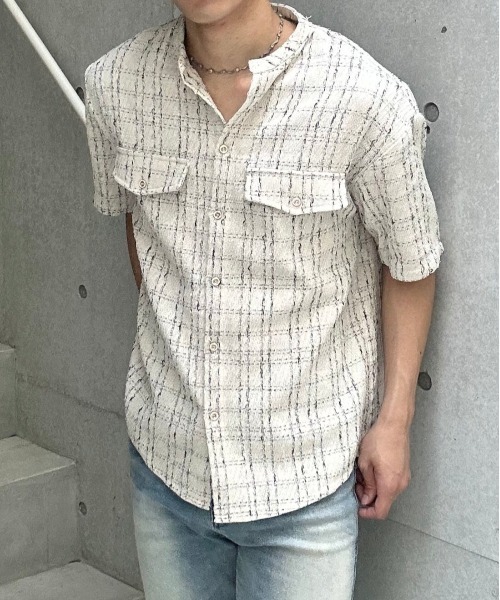 Otte(オッテ)の「ノーカラーチェックシャツ(シャツ/ブラウス・メンズ・ホワイト/ブラック・MEDIUM/LARGE)」の4枚目の写真