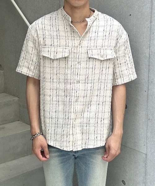 Otte(オッテ)の「ノーカラーチェックシャツ(シャツ/ブラウス・メンズ・ホワイト/ブラック・MEDIUM/LARGE)」の3枚目の写真