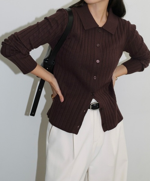 セール】【新色追加】襟付きリブニットカーディガントップス（ニット