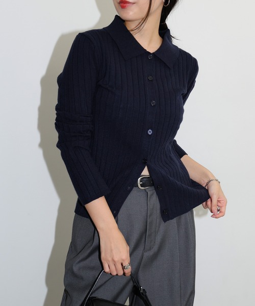 andme(アンドミー)の「【新色追加】襟付きリブニットカーディガントップス(カーディガン/ボレロ・レディース・ブラック/アイボリー/チャコールグレー/グリーン系その他/ネイビー/ブラウン系その他・M)」の6枚目の写真