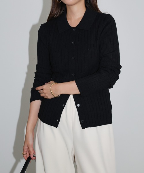 Aimeine 襟付きリブニットカーディガン オンライン ショップ 安いファッション - Aimeine 襟付き