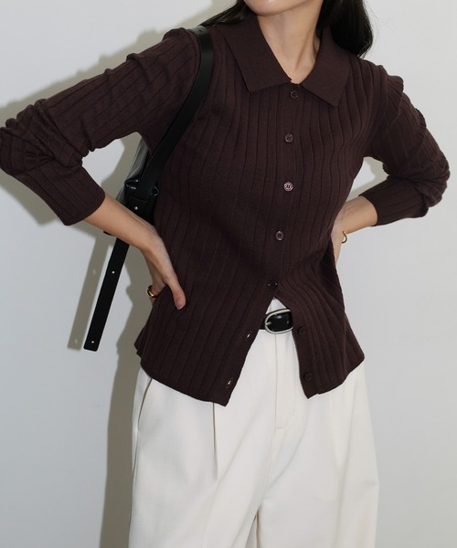 セール】【新色追加】襟付きリブニットカーディガントップス（ニット