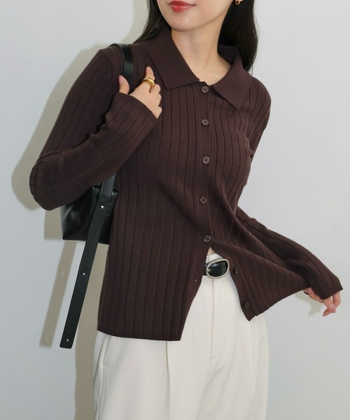 セール】【新色追加】襟付きリブニットカーディガントップス（ニット