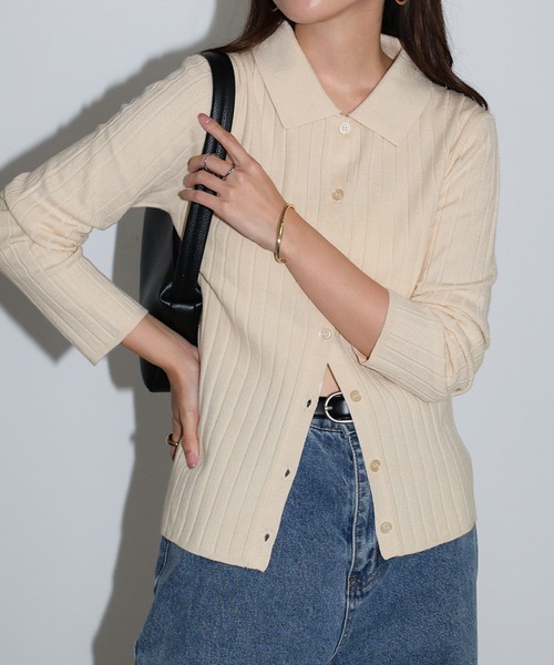 セール】【新色追加】襟付きリブニットカーディガントップス（ニット