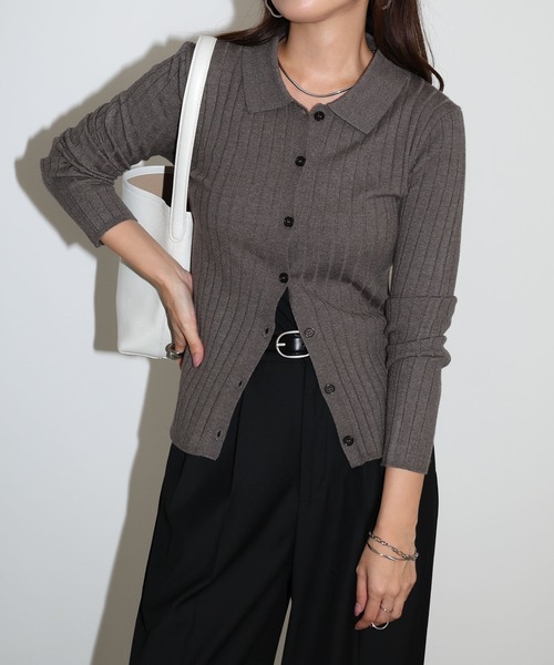 andme(アンドミー)の「【新色追加】襟付きリブニットカーディガントップス(カーディガン/ボレロ・レディース・ブラック/アイボリー/チャコールグレー/グリーン系その他/ネイビー/ブラウン系その他・M)」の8枚目の写真