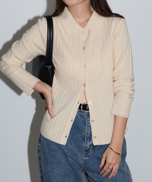 セール】【新色追加】襟付きリブニットカーディガントップス（ニット