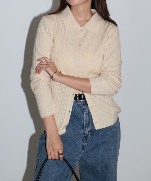 Aimeine 襟付きリブニットカーディガン オンライン ショップ 安いファッション - Aimeine 襟付き