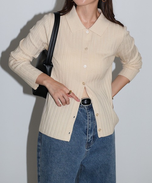 セール】【新色追加】襟付きリブニットカーディガントップス（ニット