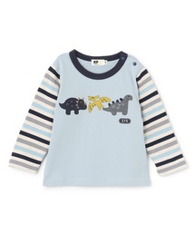 恐竜アップリケ×袖ボーダー 長袖Tシャツ