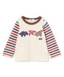 恐竜アップリケ×袖ボーダー 長袖Tシャツ
