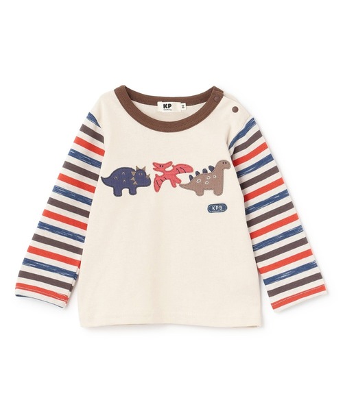 KP BOY（ケーピーボーイ）の「恐竜アップリケ×袖ボーダー 長袖Tシャツ（Tシャツ/カットソー・キッズ・アイボリー/サックスブルー・90cm/100cm/110cm/120cm/80ｃｍ）」の2枚目の写真