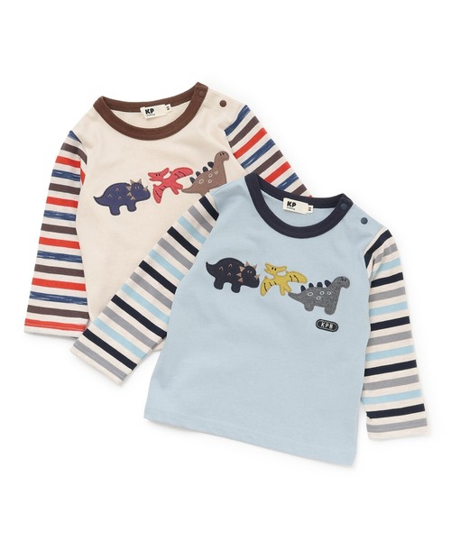 KP BOY（ケーピーボーイ）の「恐竜アップリケ×袖ボーダー 長袖Tシャツ（Tシャツ/カットソー・キッズ・アイボリー/サックスブルー・90cm/100cm/110cm/120cm/80ｃｍ）」の4枚目の写真