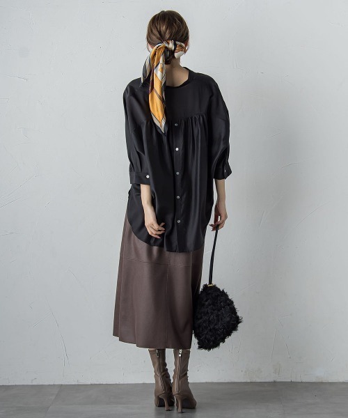 Droite lautreamont(ドロワットロートレアモン)の「セミシアースキッパーブラウス≪洗濯機で洗える≫(シャツ/ブラウス・レディース・ブラック/ベージュ/ブラウン/イエロー・M)」の12枚目の写真