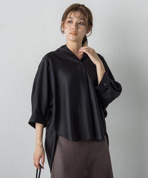 Droite lautreamont(ドロワットロートレアモン)の「セミシアースキッパーブラウス≪洗濯機で洗える≫(シャツ/ブラウス・レディース・ブラック/ベージュ/ブラウン/イエロー・M)」の6枚目の写真