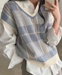 チェック柄ジャガードVネックニットベスト