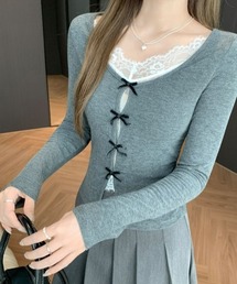 【Y2Kガーリー】レースリボン付きレイヤード風長袖Tシャツ